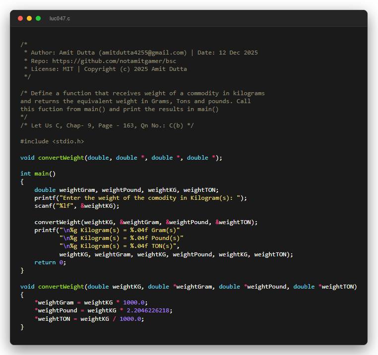 Define a function that receives weight of a commodity in kilograms and returns the equivalent weight in Grams, Tons and pounds. Call this fuction from main() and print the results in main()